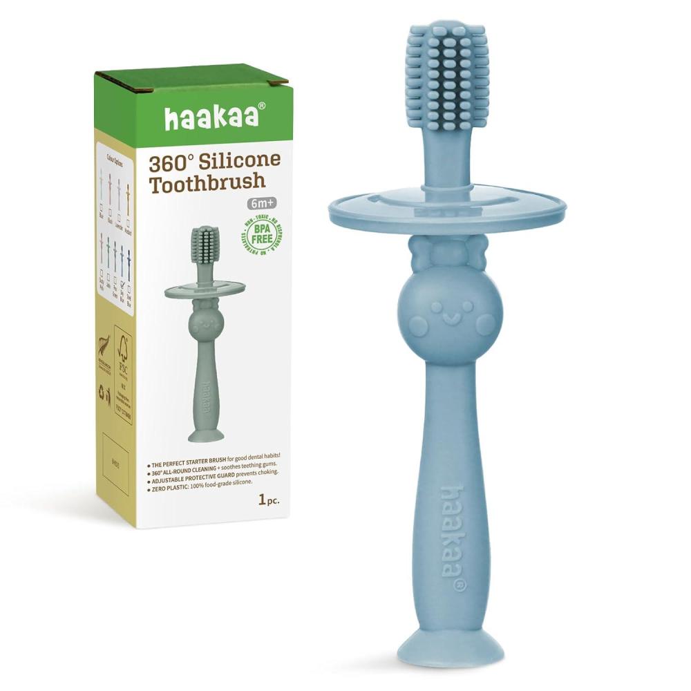 image:imagehaakaa 360 Baby Toothbrush with Suction Base Gentle Cleaning for Toddlers SelfBrushing Training FoodGrade Silicone Adjustable Safety Shield Blue 1 PieceSky Blue
