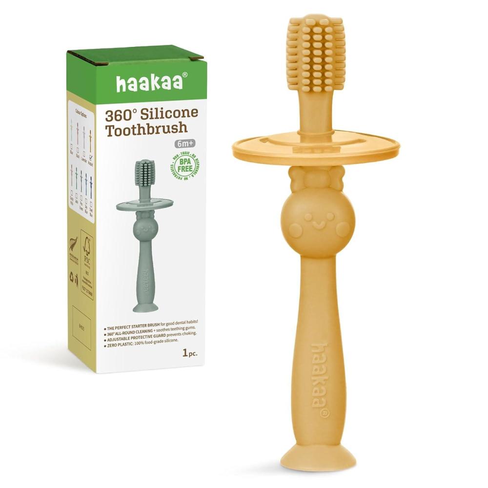 image:imagehaakaa 360 Baby Toothbrush with Suction Base Gentle Cleaning for Toddlers SelfBrushing Training FoodGrade Silicone Adjustable Safety Shield Blue 1 PieceMustard