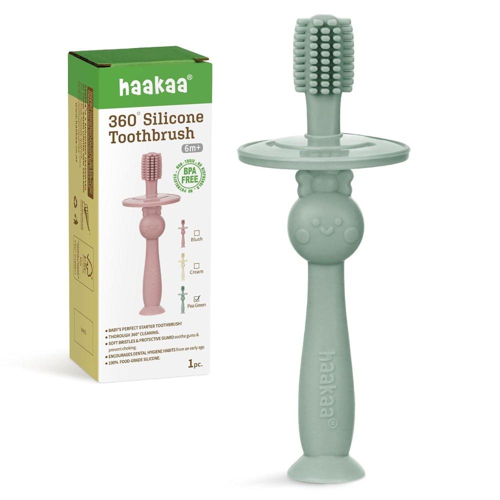 image:imagehaakaa 360 Baby Toothbrush with Suction Base Gentle Cleaning for Toddlers SelfBrushing Training FoodGrade Silicone Adjustable Safety Shield Blue 1 PiecePea Green