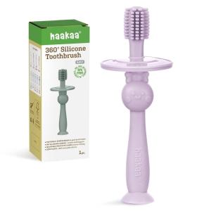 haakaa 360° Baby Toothbrush with Suction Base – Gentle Cleaning for Toddler’s Self-Brushing Training, Food-Grade Silicone, Adjustable Safety Shield – Blue (1 Piece)(Lavender)