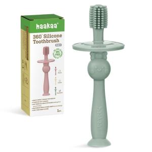 haakaa 360° Baby Toothbrush with Suction Base – Gentle Cleaning for Toddler’s Self-Brushing Training, Food-Grade Silicone, Adjustable Safety Shield – Blue (1 Piece)(Pea Green)