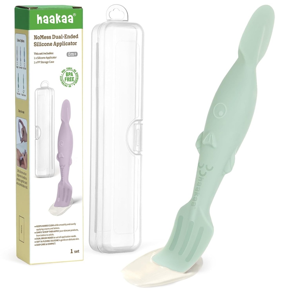 image:imagehaakaa Baby Diaper Cream Spatula NoMess DualEnded Silicone Diaper Rash Cream Applicator with Hygienic Case Butt Spatula for BabyPastel Green